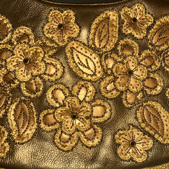 Vintage Rare Isabella Fiore Gold Leather Satchel Shoulder Bag with Beaded Trim - Picture 8 of 13